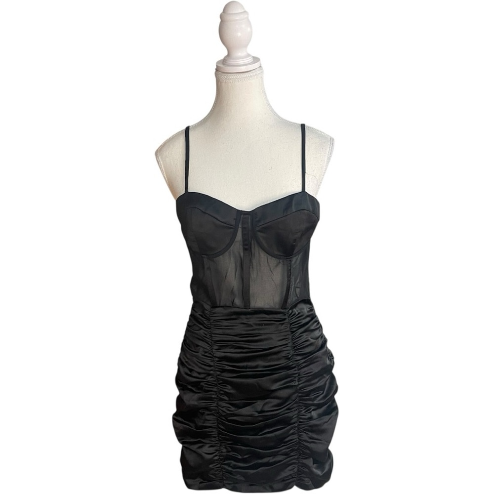 Black Ruched Satin Bustier Mini Dress - Women's
